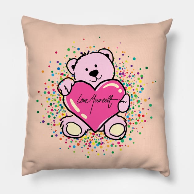 Love Yourself Rainbow Dots Bear Pillow by AlmostMaybeNever