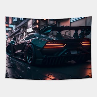 Dark Neon City Sports Car Tapestry