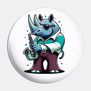 Groovy 70s Saxophone-blowing Rhino - Colorful Cartoon Vector Art Pin