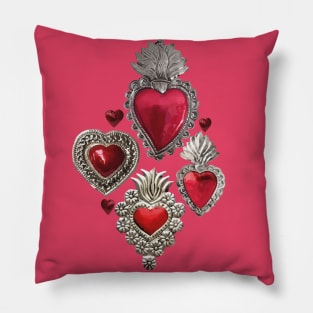 Mexican milagrito vibrant red sacred heart silver oaxaca folk art elegant seamless pattern Pillow