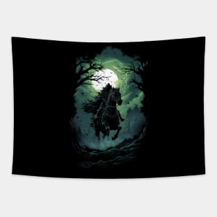 Mystical Black Rider in Moonlit Forest - Fantasy Tapestry