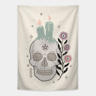 Skull with flower and candles - line art -earthy tones Tapestry