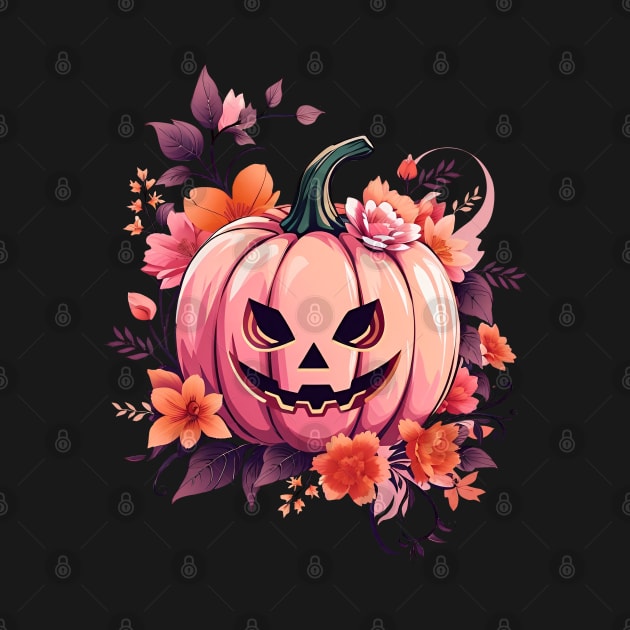 Whimsical Halloween pink Pumpkin, Pink Pumpkin face, with floral and orange flowers, cute Halloween by Collagedream