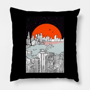 Vintage style alien planet city skyline - orange blue black Pillow