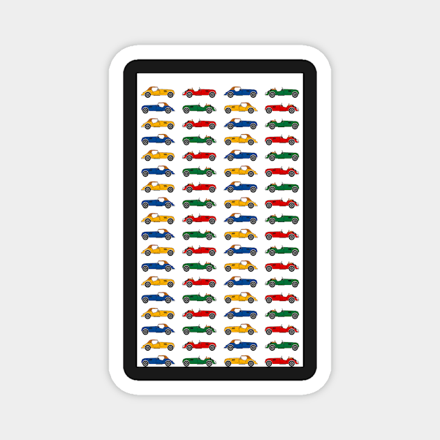 Morgan Plus Four cars in Red, Yellow, Blue and Green Magnet by ontherails