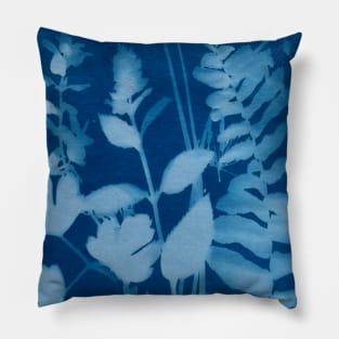 Blue Cyanotype Herb Garden Plants Print Pillow