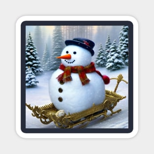 Cute Snowman Riding a Sledge Magnet