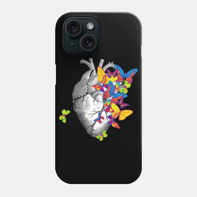 Heart Human Anatomy jellow blue green butterflies Phone Case by Collagedream