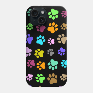 Colorful Pet Paw Pattern on Black Background Phone Case