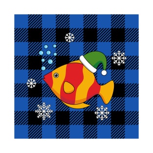 Xmas Tropical Fish Cartoon on Blue Buffalo Pattern T-Shirt