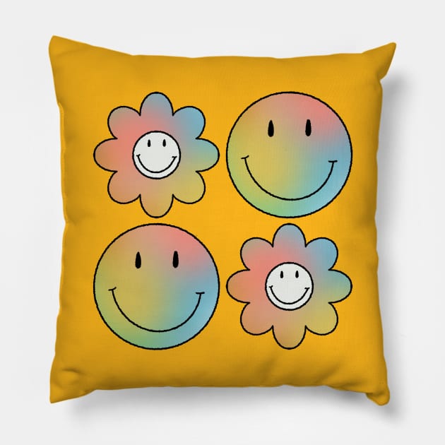 Psychedelic Flowers & Smileys Pillow by gnomeapple