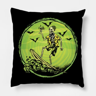 Aloha Skeleton Surfing - Surfboard Wave Vintage Graphic Pillow