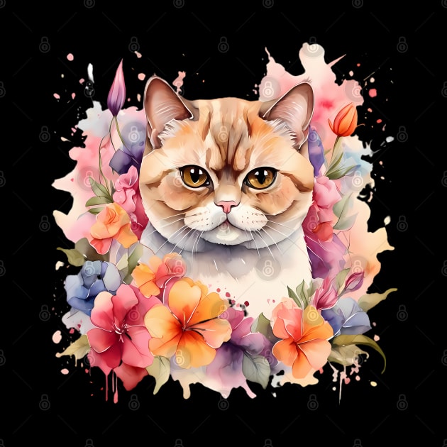 An exotic shorthair cat decorated with beautiful watercolor flowers by CreativeSparkzz