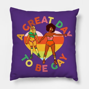 "A Great Day To Be Gay" Cute & Colorful Roller Skating Couple Pillow