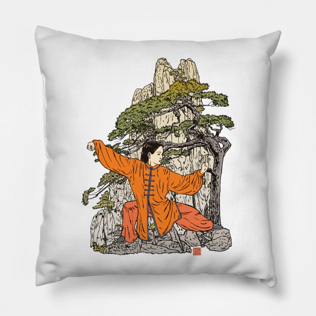 Tai Chi Warrior in the Mountains (Orange) Pillow by erickoo