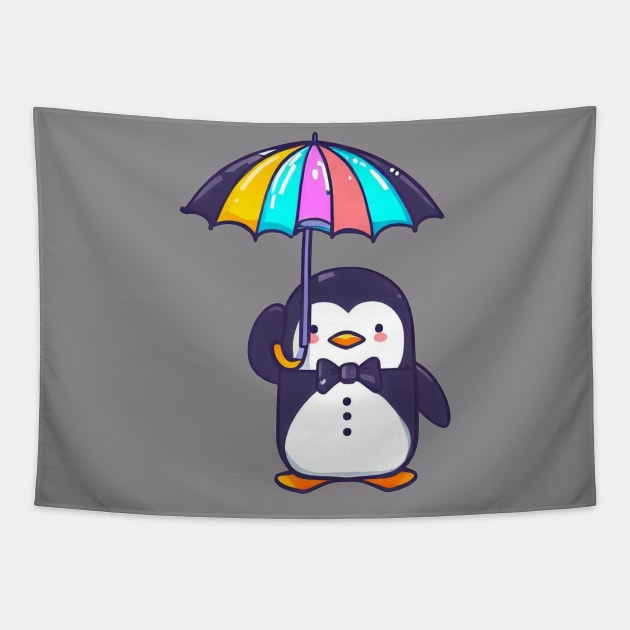 cute penguin holding an umbrella Tapestry by RandyArt