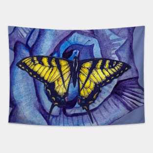 Watercolor blue rose and butterfly Tapestry