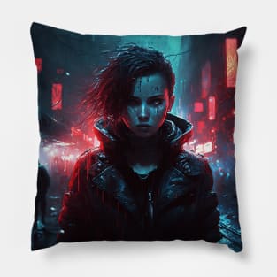 Girl In Rainy Dystopian Cyberpunk City By Night Pillow