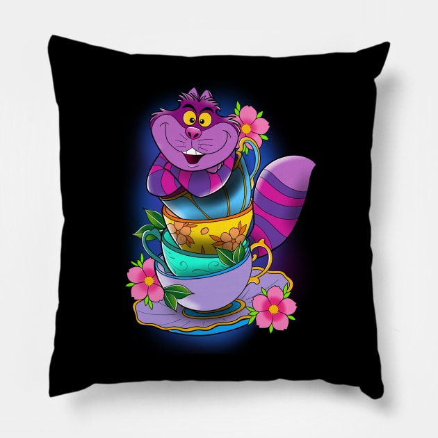 Tea time with Cheshire Cat! Pillow by Jurassic Ink