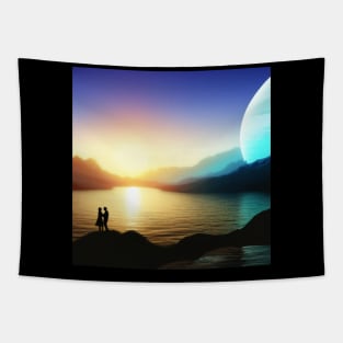 Valentine Wall Art -  Love in another world at sunset - Unique Valentine Fantasy Planet Landsape - Photo print, canvas, artboard print Tapestry