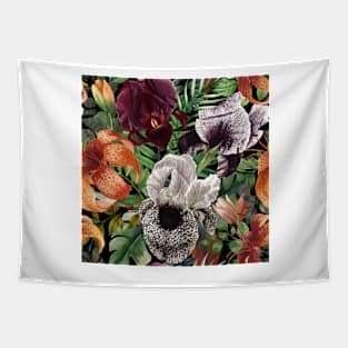 Tropical vibrant flowers and leaves watercolor illustration. Iris flower, Lily flower. Dark jungle. Exotic floral seamless pattern Tapestry