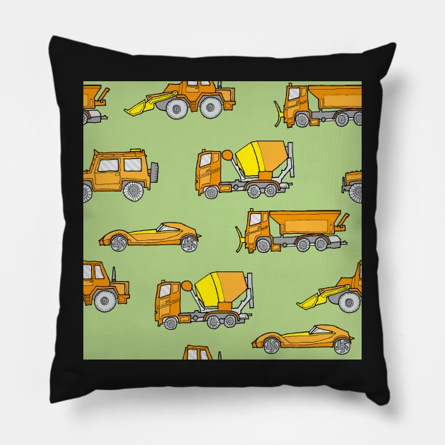 Vehicles orange on green Pillow by kobyakov