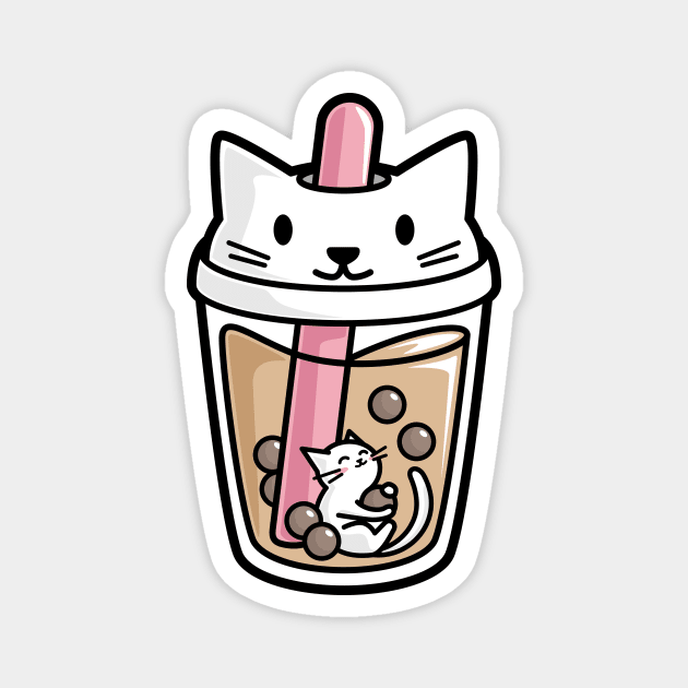 Bubble Tea with White Cute Kawaii Cat Inside Magnet by BobaTeaMe