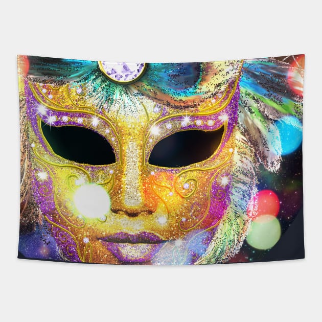 Golden Carnival Mask with peacock feathers Tapestry by AnnArtshock