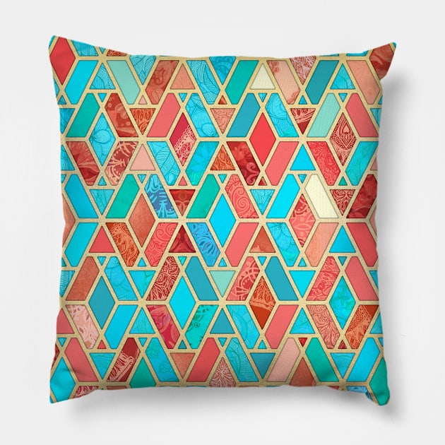 Melon and Aqua Geometric Tile Pattern Pillow by micklyn