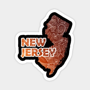 Colorful mandala art map of New Jersey with text in brown and orange Magnet