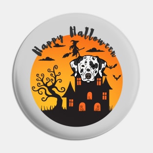 Dalmatian Dog Head with Haunted Mansion and Happy Halloween Sign Pin