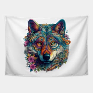 colorful wolf with flowers Tapestry