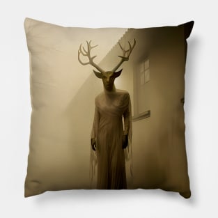 Scary Horned Halloween Demon: Outside My Bedroom Window on a Dark Background Pillow