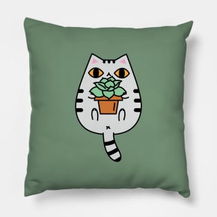 Gray Tabby Cat with Succulent Plant Pillow