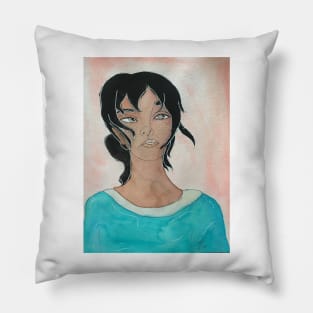 Girl black hair watercolour portrait Pillow