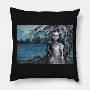 old doll with weeping willow,watercolor and ink painting, creepy doll art, goth, dark Pillow