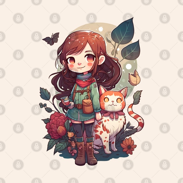 Cute Girl & Cat Kawaii Anime Floral Cat Lover by Ai Wanderer