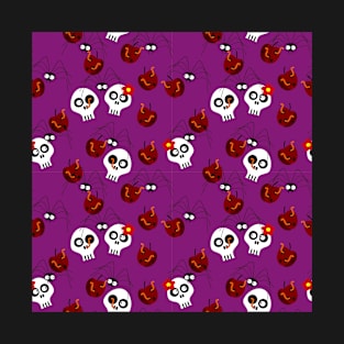 Halloween Cute Skulls and Rotten Apples Funny Purple Pattern T-Shirt