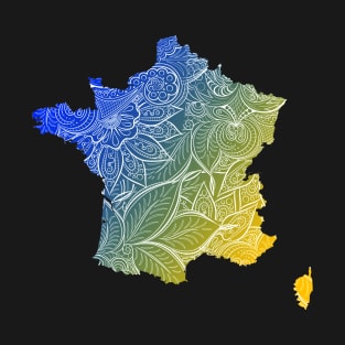 Colorful mandala art map of France with text in blue and yellow T-Shirt