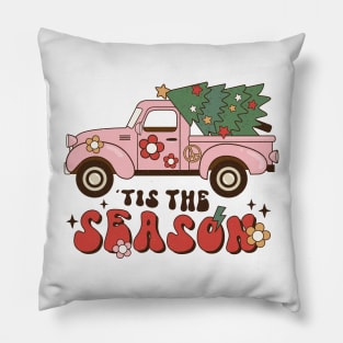 Retro 70s Pink Christmas Pickup Truck Pillow