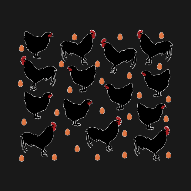 Chickens, cockerels and eggs on a black backround by ownedandloved