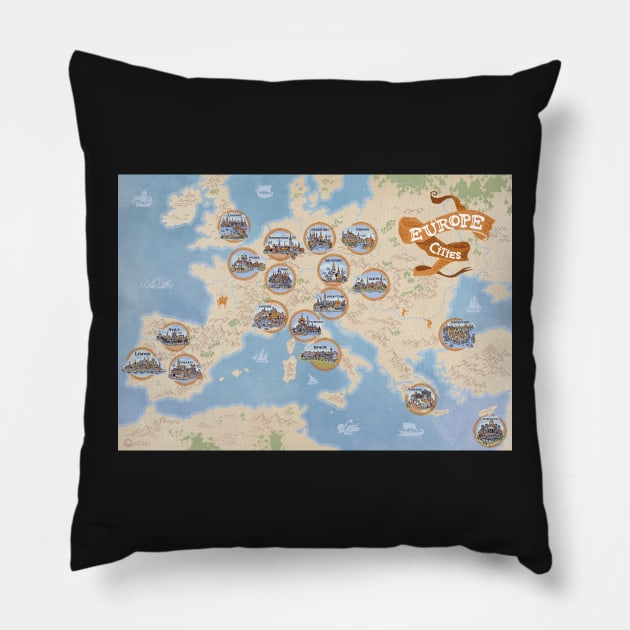 European cities old style hand drawn line art vector illustrations displayed on a map Pillow by qpiii