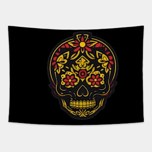 Regal Elegance: A Striking Black, Red, and Gold Sugar Skull Art Tapestry