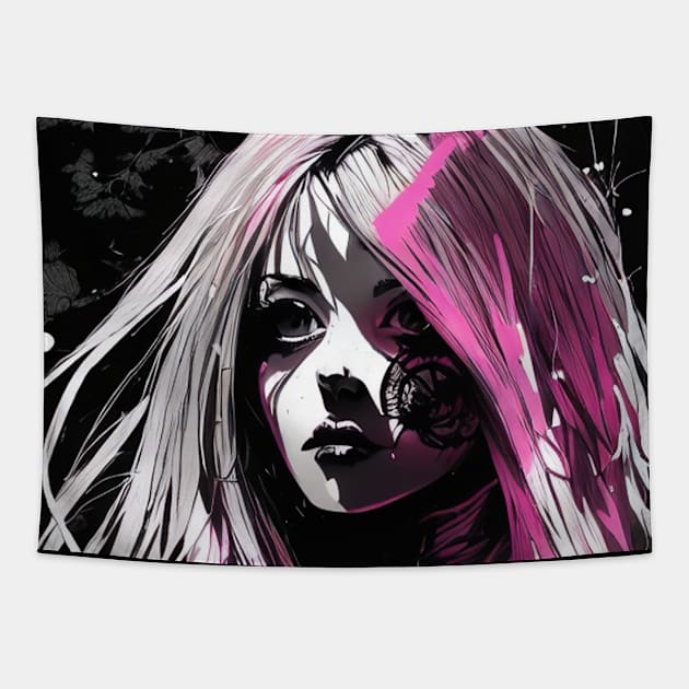 Timeless Expressions: Endearing Black and White Anime Girl Portraits Goth GOthic Fashion Dark Pink Hair Tapestry by ShyPixels Arts