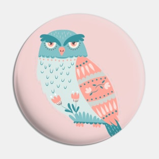 Folk Art Owl in Pink + Blue Pin