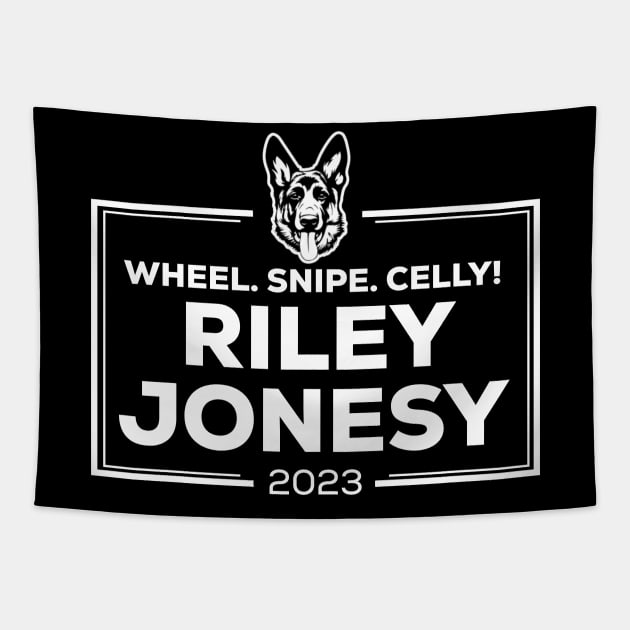 Prime Minister Riley Jonesy 2023 wheel snipe celly - white Tapestry by PincGeneral
