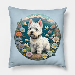 Westie Flower Scene Pillow