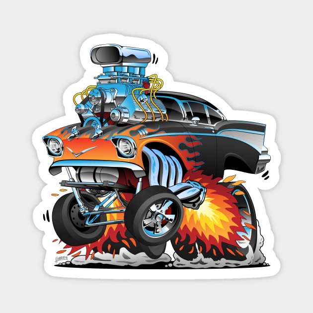 Classic hot rod fifties style gasser drag racing muscle car, red hot flames, big engine, lots of chrome, cartoon illustration Magnet by hobrath