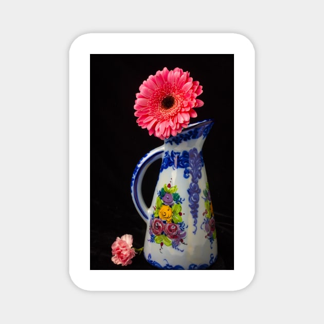 Pink Daisy In Blue Procelain Pitcher Magnet by photogarry