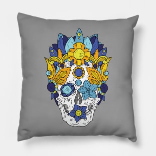 Royal Dead, Blue Floral Detail Crown and Skull Pillow